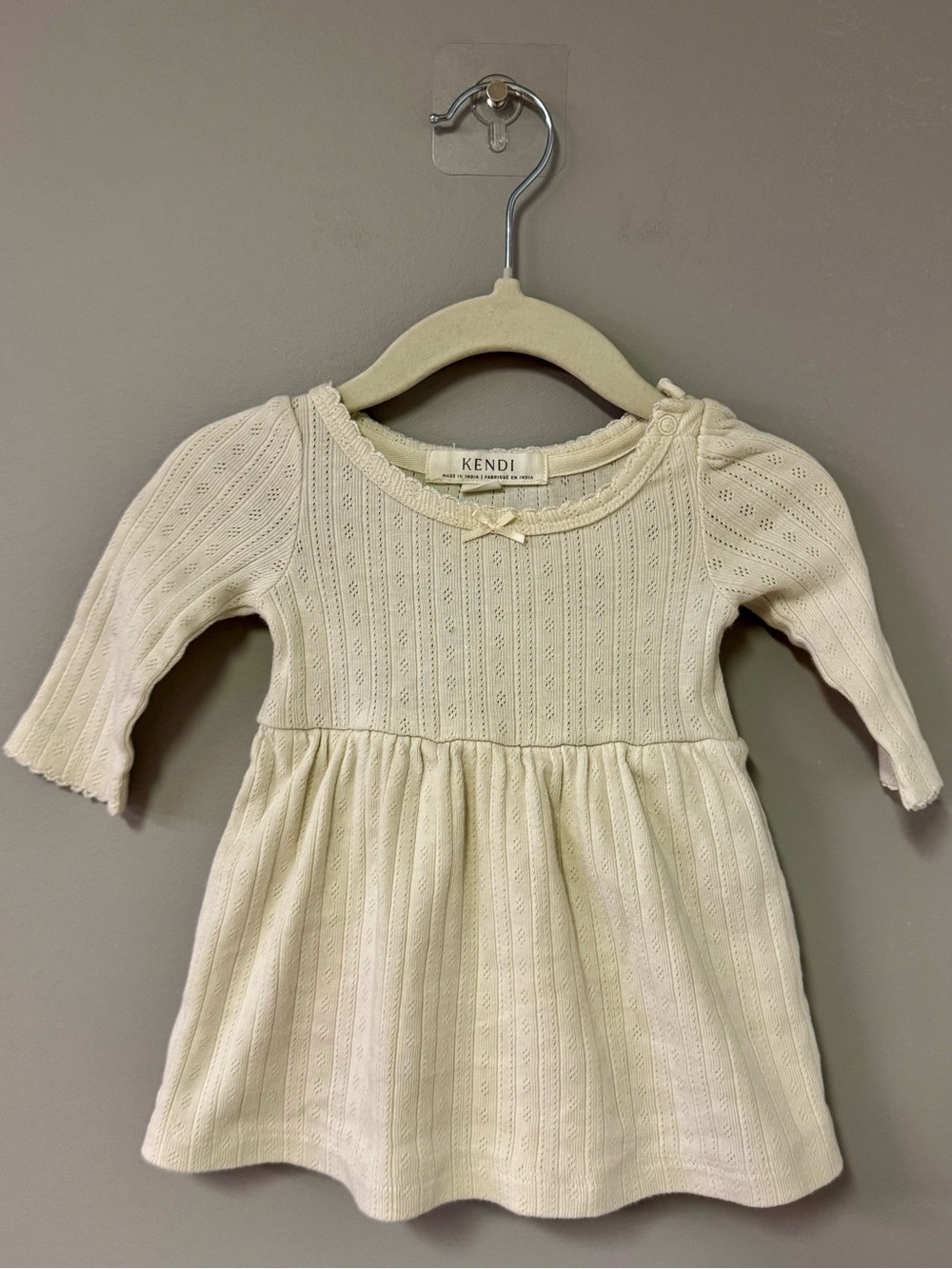 Baby Cream Knit Long-Sleeve Dress with Bow Detail